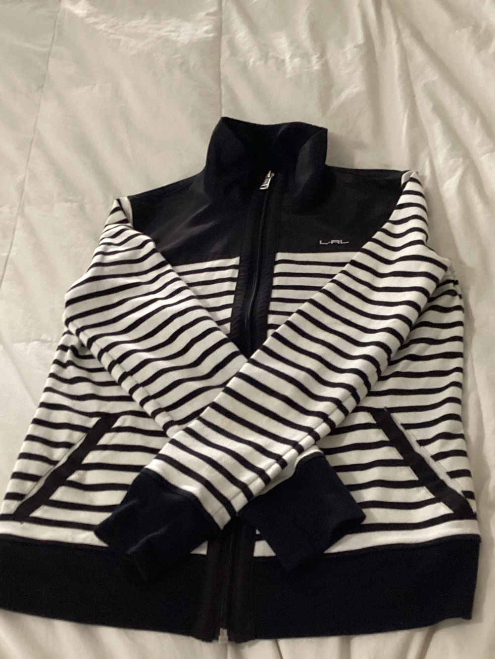 Lauren Ralph Lauren Black & White Striped Zip-Up Sweater Jacket